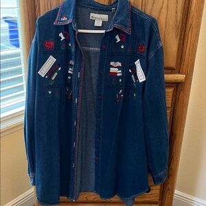 Dressbarn Women's Teacher Jean Embroidered Jean Shirt